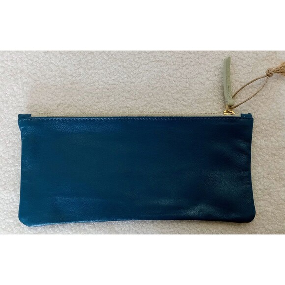 Anthropologie "Creme de la Creme" Blue Leather Gold Zipper Pouch 9 in x 4 in - Picture 3 of 9